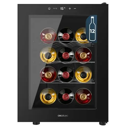 Cecotec Vinoteca 12 Botellas Bolero GrandSommelier 1255 CoolCrystal E. Estantes Metálicos, Control Táctil, Temperatura 8 a 18ºC, Temperatura 8 a 18ºC, Negra