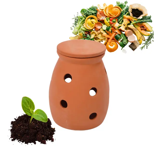 Compostador de lombrices Relaxdays para enterrar, 3 l, para restos de Cocina, Tapa, jardín y huerto, Arcilla, Terracota