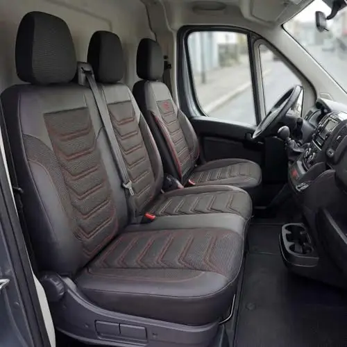 Fundas para asientos de coche universales 2+1 para FIAT Ducato, Peugeot Boxer, Citroën Jumper (2014-2024) – Fundas de asiento delanteras de tela piqué, Negro-Rojo - Juego de fundas para