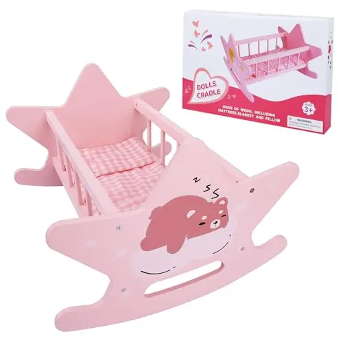 Cuna de Madera para muñecas, Adecuado para muñecas de hasta 46 cm, Rosa Juguete de Madera con Ropa de Cama, Juguete para Niños y Niñas a Partir de 3 Años