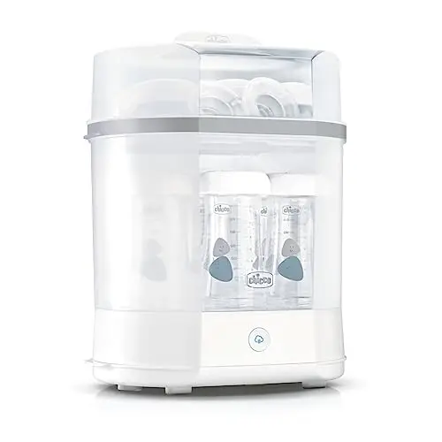 Chicco Esterilizador Eléctrico, Esterilizador de Biberones, Sacaleches y Chupete, con 3 Configuraciones y Apagado Automático, Apto para Microondas, Universal hasta 6 Biberones de 330 ml, Blanco