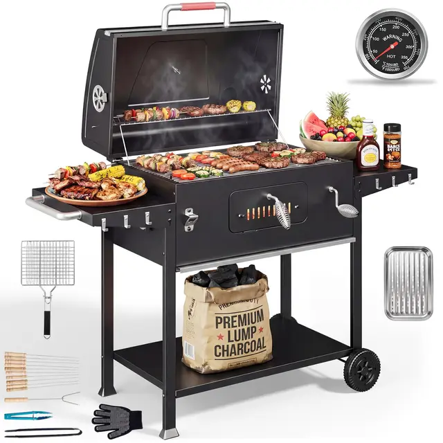 DEVOKO Parrilla de carbón XXL, barbacoas de carbón con tapa, barbacoa grande para balcón, jardín, exterior, barbacoa con parrilla de 71 × 43 cm/termómetro/pinzas para pescado/bandeja para barbacoa