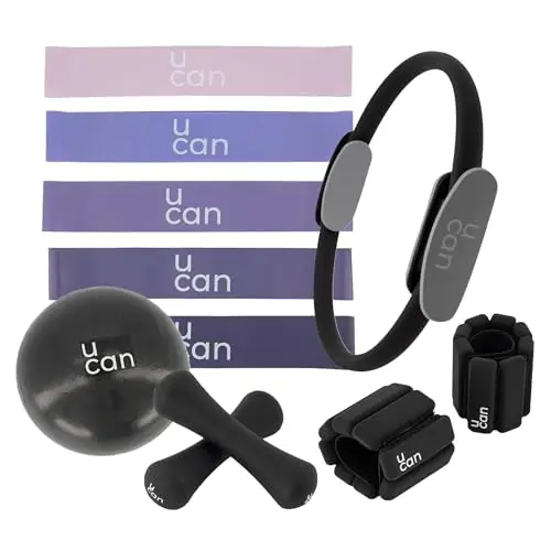 Kit de Pilates U can para el hogar con aro, pelota de 25 cm, mancuernas de 1 kg, mallas de 0,5 kg y bandas de resistencia, 5 niveles, negro y morado