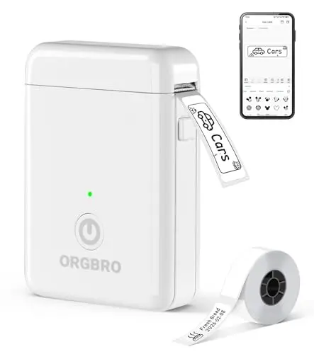 ORGBRO X1 Etiquetadoras, Impresora Térmica de Etiquetas Autoadhesivas Portátil Bluetooth Mini Label Maker Compatible con iOS/Android para Hogar y Oficina - Incluye 1 Rollo de Etiquetas (Blanco)