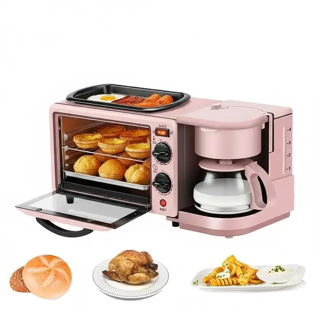 Máquina de Desayuno Eléctrica 3 en 1, Estación de Desayuno Multifuncional de 1050 W con Cafetera y Mini Horno de 9 L, Control de Temperatura de 100-230 °C, Temporizador de 30 Minutos