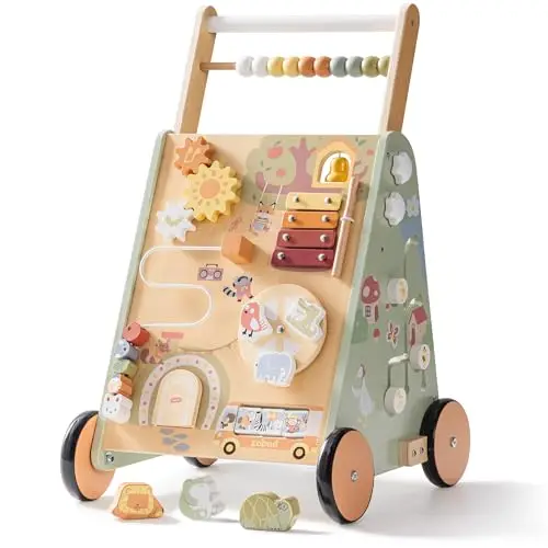 ROBUD Andador de madera para bebés para niños pequeños, juguete multifuncional 8 en 1 con centro de actividades, gran espacio de almacenamiento, control de altura y velocidad, andador educativo de