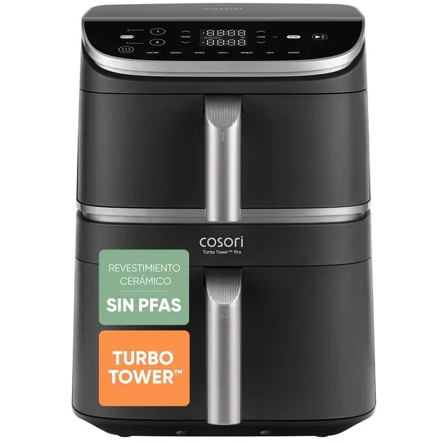 Cosori Air Fryer Turbo Tower Pro 10,8 Litros, Freidora de Aire con Revestimiento Cerámico sin PFAS, Doble Resistencia con Turbo Blaze, Airfryer de Doble Cesta Vertical, Multifunción 7 en 1, 2630W
