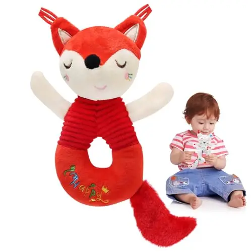 Sonajero Peluche para Bebés, Juguetes Bebes 0 3 6 12 Meses, Juguetes Montessori Bebe 0-6 Meses, Juguetes de Animales Suaves para Bebé Regalo Recién Nacido Niño Niña - Zorro de Dos Cara