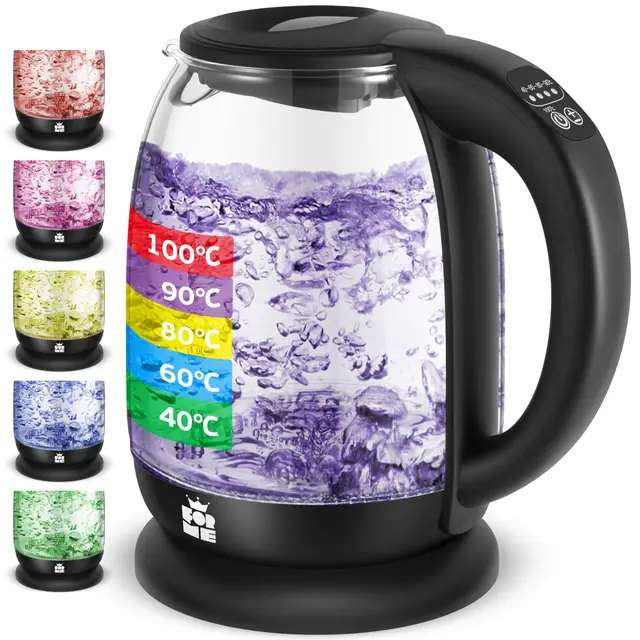 FOR ME Hervidor Eléctrico de Vidrio Agua con Filtro de Té 1,8L, Control de temperatura, Temperatura ajustable de 40°C a 100°C, Iluminación LED de 7 Colores, Función de Mantener Caliente, Libre de BPA