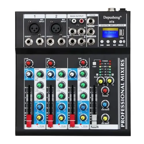 Depusheng HT4 Consola de mezclas digital profesional portátil compatible con Bluetooth con mezclador USB de 4 canales, interfaz de audio, mesa de mezclas para grabaciones de estudio, negro