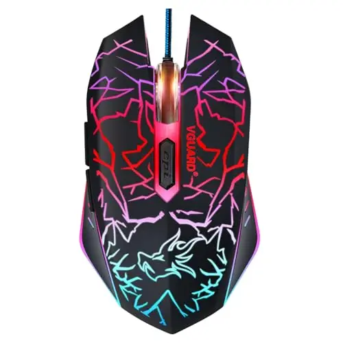 VGUARD Ratón Gaming con Cable, 4 dpi Ajustables hasta 2400, Gaming Mouse Óptico, Ratón Ergonómico Óptico RGB con 6 Botones y LED 7 Colores para PC, Portátil. (Versión Mejorada) - Negro