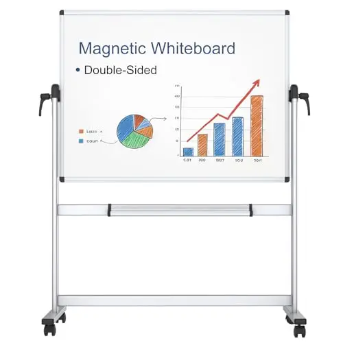 VIZ-PRO Pizarra blanca móvil magnética de doble cara 120x90 cm, con ruedas y marco de aluminio, para oficina y aula