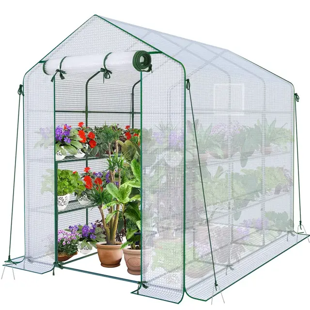 VOUNOT® Invernadero de Jardín 143x215x195 cm Vivero Casero Plantas Cultivo con Puerta Enrollable y Ventana, Invernadero Huerto Caseta de Jardín 12 Estantes para Plantas Macetas Flores, Blanco