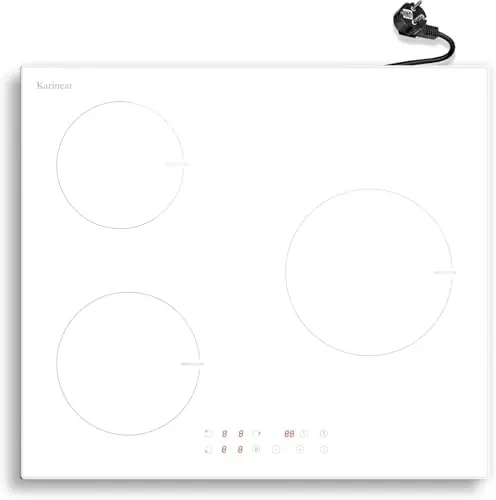 Karinear Placa Inducción 3 Fuegos con Enchufe, Función Boost, Integrada 3 Zonas 60 cm, Manejo Táctil, 9 Niveles de Potencia, Bloqueo de Seguridad, Temporizador, 220V~240V, 3500 W, Induccion Blanca