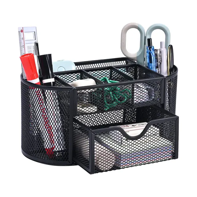 Organizador escritorio, organizador de oficina de malla de metal con cajón y porta lápices para bolígrafos, notas adhesivas, grapadoras, clips de carpeta, organizador de escritorio que ahorra espacio.