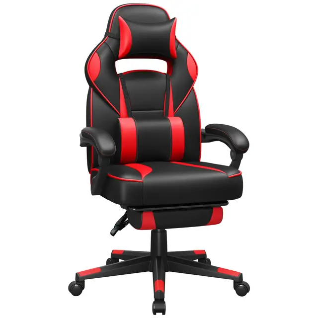 SONGMICS Silla de Oficina, Silla Gaming Ergonómica, con Reposapiés Telescópico, Respaldo Ajustable, Reposacabezas y Soporte Lumbar, Carga de 150 kg, Negro Tinta y Rojo Fresa OBG73BRV1