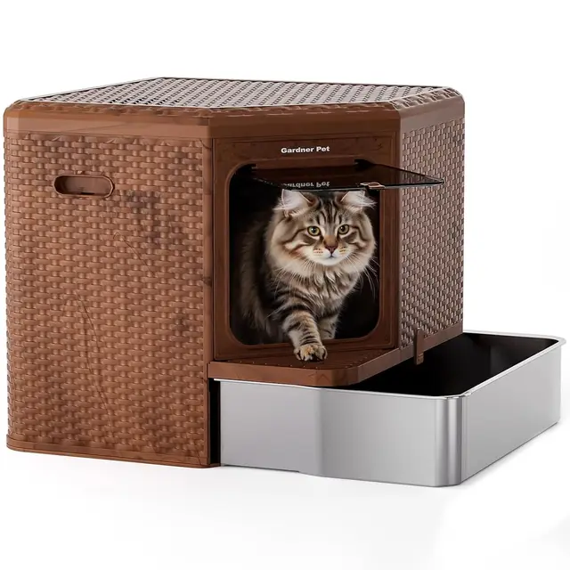 Gardner Pet Arenero Gato Cerrado con Fondo Extraíble (Acero Inoxidable 304) – Diseño Estilizado para Hogar, Material PP Reciclable, Filtración Anti-Olores, Dimensiones 50x50x50 cm, Color Madera Oscura