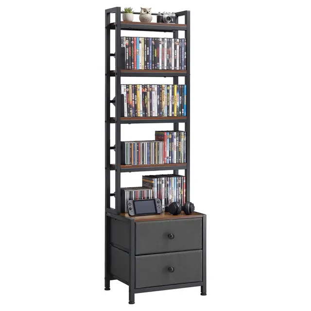 VEVOR Mueble de Almacenamiento Multimedia con 4 Estantes y 2 Cajones, para CD, DVD, Libros y Discos de Juegos, Ideal para Sala de Estar, Oficina en Casa, Sala de Grabación, 40 x 30 x 143,5 cm