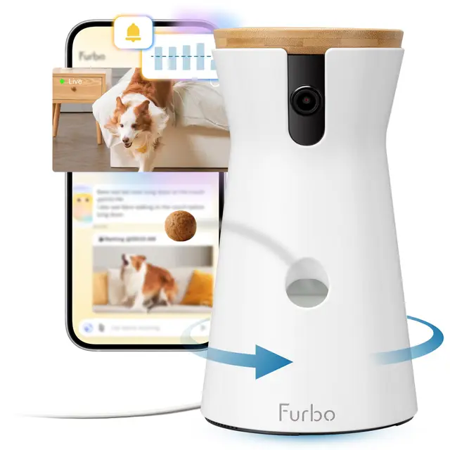 Furbo Cámara para Perros 360° con Paquete de Seguridad [Premium con SUSCRIPCIÓN] con App para Perros y Hogar, Vista giratoria de 360°, Visión Nocturna a Color, Seguimiento Automático, Lanza Premios