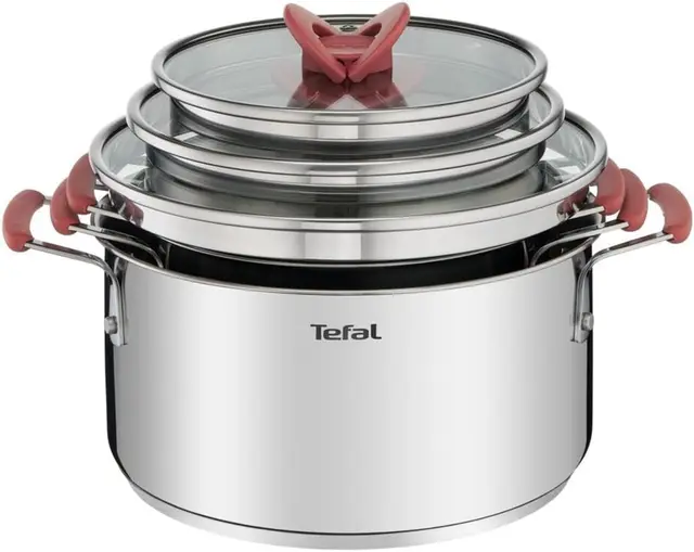 Tefal Optispace - Juego de 3 Ollas 18/20/24 cm + 3 Tapas, Apto inducción, Thermo-Fusion, marcas medición, apto lavavajillas y horno, acero inoxidable