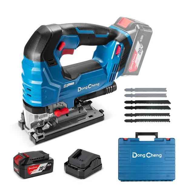 Dong Cheng Sierra de Calar 18V Sin Escobillas | Orbital 800-3500 c.p.m. | Inglete 0-45° | 6 Velocidades | Con Doble LED, Soplador, Batería 4Ah, Cargador, 6 Hojas & Maletín