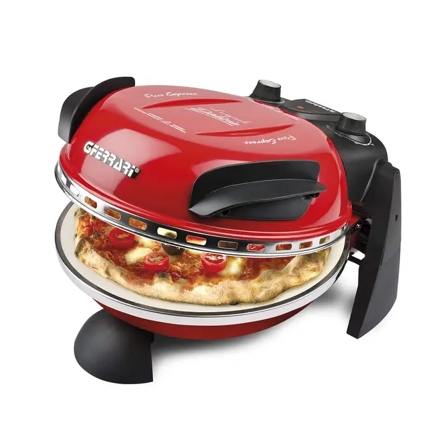 G3 Ferrari G10006 Pizza Express Delizia, Horno para Pizza 1200 W, Termostato Regulable hasta 400 °C, Pizza Crujiente en 5 Minutos, Doble Resistencia, Incluye Recetario y Palas, Rojo