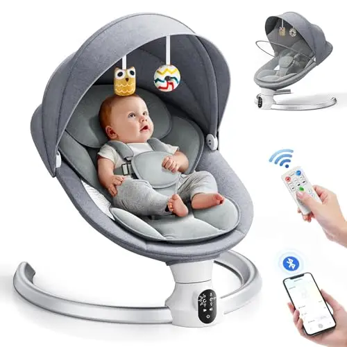 Columpio para bebés, balancín eléctrico con aplicación y mando a distancia, arnés de 5 puntos mejorado, 10 canciones Bluetooth y 5 velocidades, soporta 9 kg