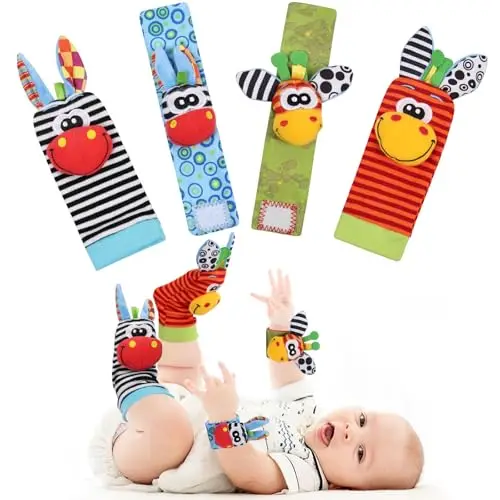 Sonajero Calcetines y Muñequeras para Bebé, Sonajeros de Muñeca Bebe con Buscador de Muñeca y Pie, Sonajero Pies y Manos Bebe Fomentan el Aprendizaje y la Diversión para Bebes 0-12 Meses, B