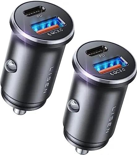 LISEN 2 Pack Cargador Coche Carga Rapida PD36W USB C Enchufe Mechero Movil Coche Mini Metal Accesorios Coche Camper 12/24V Gadgets para iPhone 17 16 15 13 Samsung Galaxy S26 A15 Xiaomi iPad Kindle