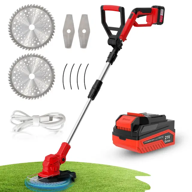 OUTIGO Cortacésped inalámbrico, Desbrozadora Bateria, batería de 21 V (4 Ah)/2× 21V - 4Ah, Cortabordes electrico 3 en 1, Mango telescópico Plegable, desbrozadora de jardín a batería