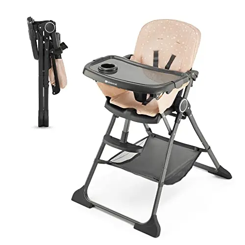 Kinderkraft FOLDEE Trona Bebé, ergonómica, cómoda, reclinable, plegable, con altura ajustable, reposapiés, bandeja doble desmontable, para niños pequeños, de 6 meses a 3 años, Rosa