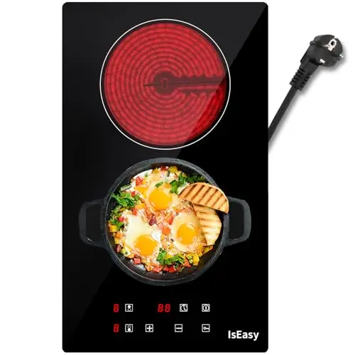 Placa de vitrocerámica IsEasy doble vitrocerámica, 3000 W, 29,5 cm, 2 zonas de cocción, 9 niveles de calor, temporizador de 1-99 minutos, control táctil, apagado automático, protección para niños
