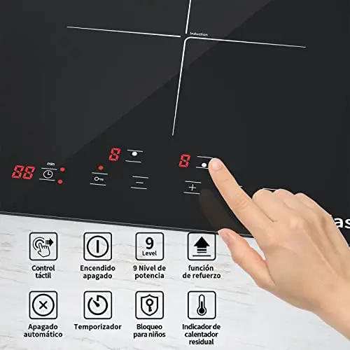 Placa de inducción doble eléctrica de inducción (Autarkic, 3400W, 2 fuegos, 29 cm, empotrado, táctil, temporizador, cristal cerámica)