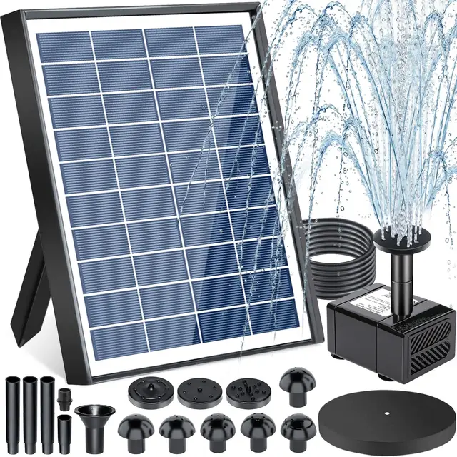 Fuente Solar Jardin Exterior 6.5w, Bomba de Agua Solar, Bomba Solar para Estanque, Bomba de Agua de Estanque Solar con 9 Boquillas, para Jardín Baño de Pájaros, Pecera, Estanque Pequeño