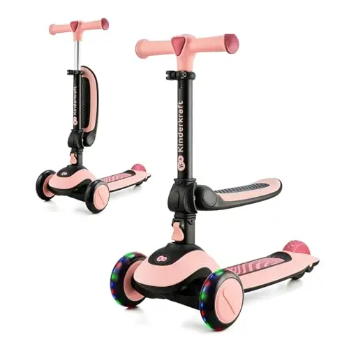 Kinderkraft Halley 2 en 1 Bicicleta sin Pedales y Patinete con Ruedas LED, Manillar Ajustable, Base Antideslizante, Ultraligera y Segura para Niños – Rosa