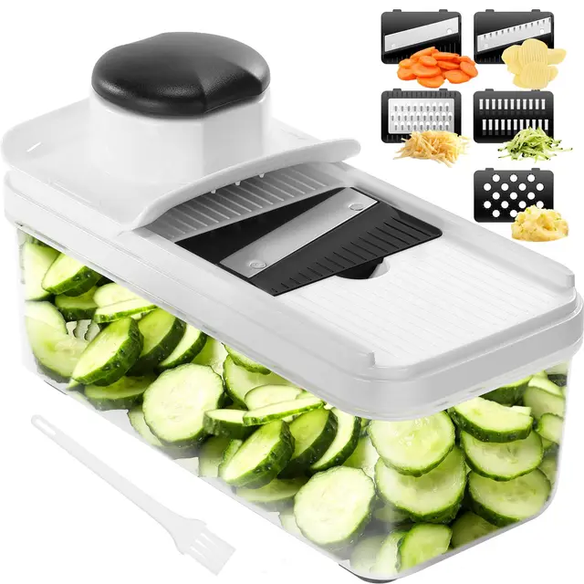 Mandolina de Cocina Profesional, Cortador de Verdura, Rallador de Verduras con 5 Cuchillas Afiladas Intercambiables, Cortador de Patatas Tomates Pepinos Queso Frutas（Negro）