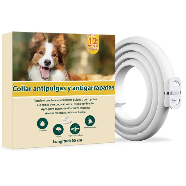 Collar Antiparasitario Perros, Protección Efectiva Collar Antipulgas Perros, Ajustable, 12 Meses de Eficacia Collar Antipulgas Perro de 65 cm para Perro Pequeños, Medianos y Grandes