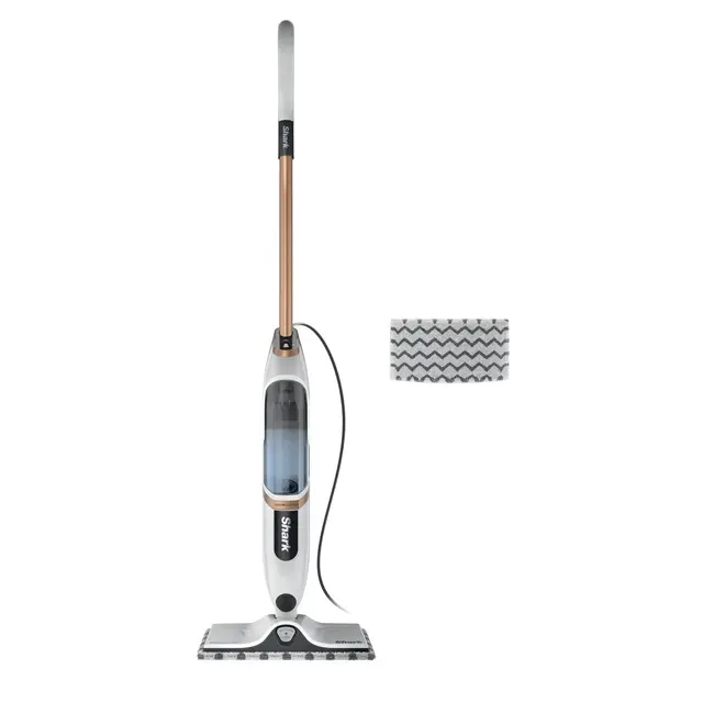 Shark SteamSpot con Steam Blaster para Suelos Duros, mopa de Vapor Ligera sin sustancias químicas, depósito de Agua extraíble, 2 bayetas atrapasuciedad Dirt Grip Lavables, Blanco y Cobre S2001EU