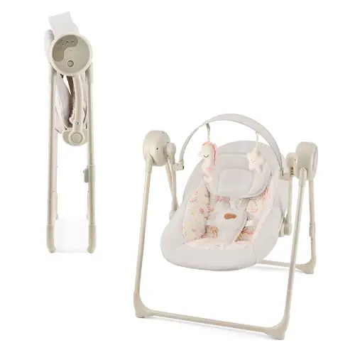 Kinderkraft SWINGEE - Balancín eléctrico para bebé con función oscilante, temporizador integrado, respaldo ajustable, 8 melodías de tranquilidad integradas, ligero y plegable, color beige