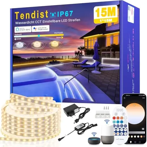 Tira LED Exterior Impermeable Blanco Frio a Blanco Calido Regulable, Luz LED Compatibles con Alexa, LED Strip WiFi Smart Impermeable, 24v Tiras de LED Adhesiva para Cocina, Jardín (15M)