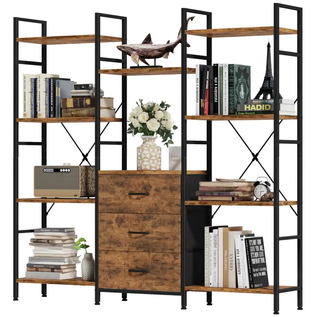 Libreria Estanteria de Alto 100W x142Hcm con 3 Cajones de Tela, Estanteria Libros de 4 Niveles, Estantería Grande de 100 cm de Ancho para Sala de Estar Dormitorio Estudiar Marrón Rústico