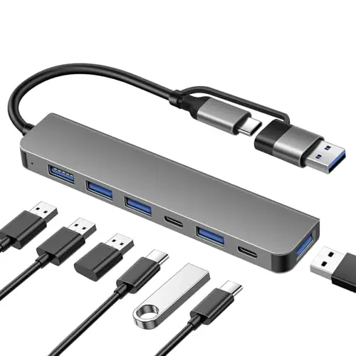 DEMKICO Hub USB 7-en-1 de Doble Conector, USB-A y USB-C, 1× USB 3.0, 4× USB 2.0, 2× Puertos de Datos USB-C, Adaptador Multi-Dispositivo de Alta Velocidad para Portátiles, Tabletas y Teléfonos