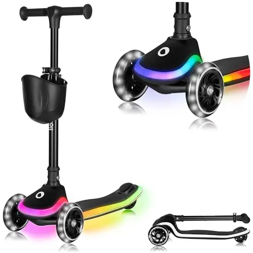 LIONELO MEY Patinete de Equilibrio para Niños Desde 3 años hasta 50 kg, Scooter Infantil Patinete de 3 Ruedas con Ajuste de Altura, Plataforma Antideslizante Iluminada y Ruedas LED, Cesta