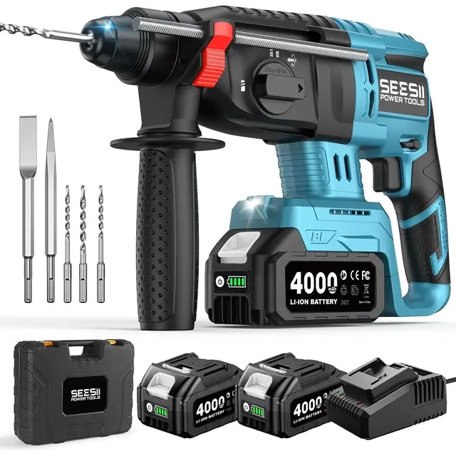 Seesii 3-in-1 Martillo Perforador a Baterías: 2,5J Potente Martillo Percutor sin cable con Motor sin escobillas, 2 * 4,0AH Baterías y Cargador, 5 piezas SDS-plus, Mango Antivibración, Para Bricolaje