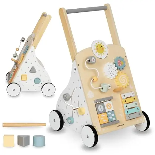 Mamabrum Andador de Bebé 8 en 1 Madera - Incluye Juguetes Educativos, Tablero Actividades y Estante Amplio - Altura Ajustable 58-66cm - 4 Ruedas de Antideslizantes