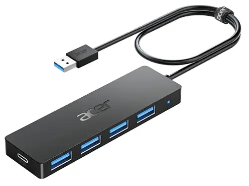 acer Hub USB 3.0, Adaptador USB Ultra Delgado de 4 Puertos, Divisor USB multipuerto con alimentación USB-A 5V3A, Compatible con Laptop Acer y PC, 60 cm