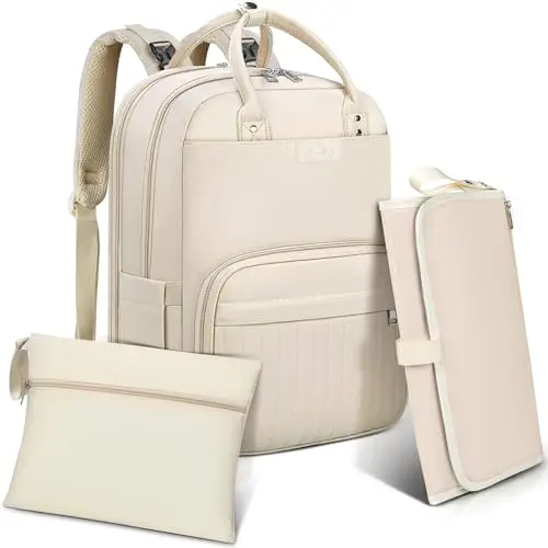 RAINSMORE Mochila Bebe Mochila Carro Bebe Pañaleras para Bebes Multifuncional Mochila Maternidad con Cambiador Bebe Plegable y Correas de Cochecito Beige