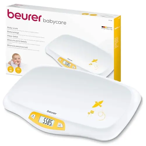 Beurer BY 80 Báscula para bebés, con superficie curvada y segura, capacidad de 20 kg, función de tara y retención para bebés que patalean, medición y visualización en pasos de 5 g
