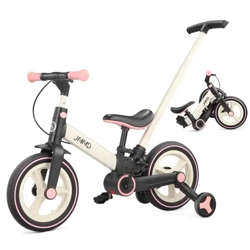 JMMD Bicicleta 6 en 1 para Niños Pequeños con Ruedas de Entrenamiento y Pedales, Edad 18 Meses a 5 Años, Bicicleta de Equilibrio y Pedal 12" Transformable y Plegable, con Mango Ajustable para Padre