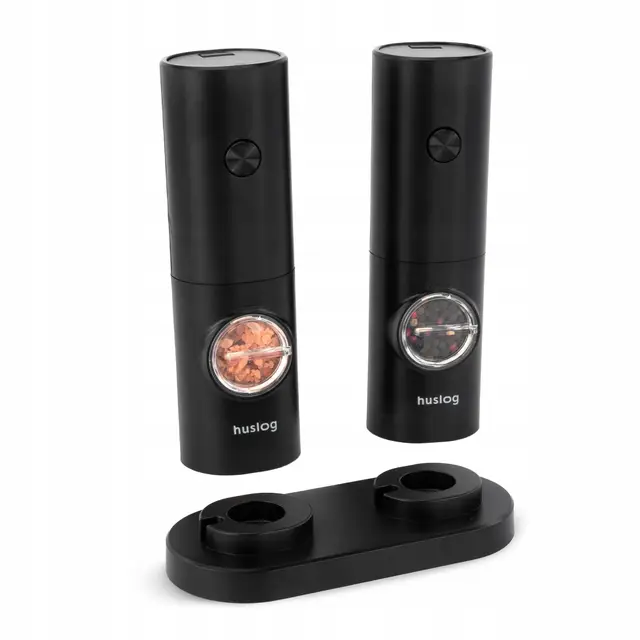 Molinillos Eléctricos de Sal y Pimienta Automáticos por Gravedad con Luz LED al Moler, 70 ml, Uso con Baterías (4xAAA), Grosor Ajustable, Incluye Base y Cepillo de Limpieza, Negro